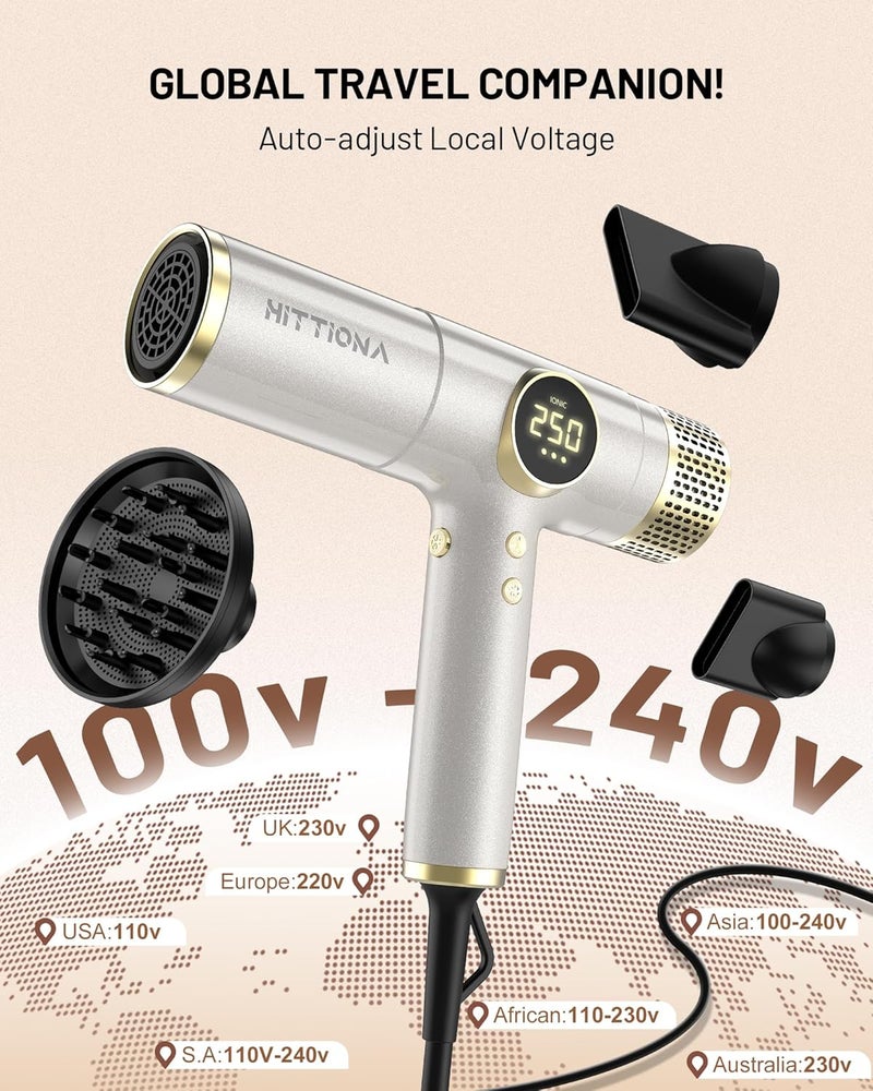 HITTIONA Infrared Ionic Hair Dryer with Diffuser - 2000W Dual Voltage Blow Dryer Gift for Women, Fast Drying, Lightweight & Low Noise, Red Light & Negative Ions, European Travel 110V-240V - Image 4